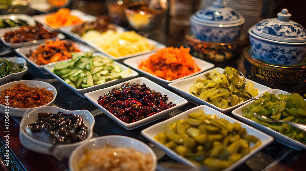 Obraz premium The buffet-style spread of cold appetizers, pickles, and vegetables at a Chinese restaurant (1)