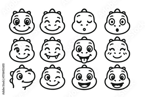 Playful Dinosaur Faces. Line style icons of friendly dinosaur faces: big eyes, happy smile, sleepy expression, surprised look;