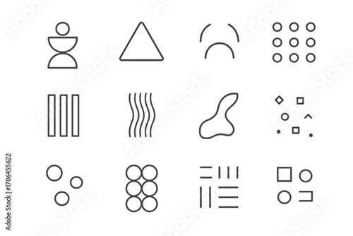 Modern Minimalist Icons. Line style icons of minimalist modern patterns: stacked shapes, hollow triangle, disconnected arcs,
