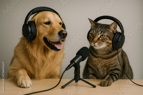 Dog and cat wearing headphones recording a podcast with microphone. Concept of animal friendship, humor, modern media and digital content.