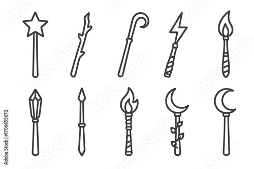 Enchanted Wand Icons. Line style icons of enchanted wands: star-tipped wand, twig wand, curved handle wand, lightning wand;