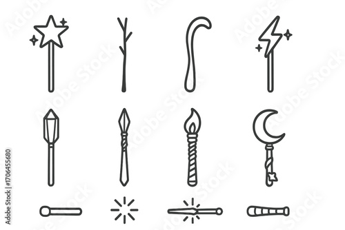 Enchanted Wand Icons. Line style icons of enchanted wands: star-tipped wand, twig wand, curved handle wand, lightning wand;
