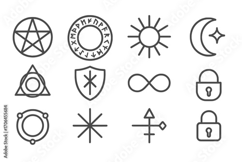 Magical Protective Icons. Line style icons of protective magical symbols: pentagram, runic circle, sun glyph, moon sigil; layered