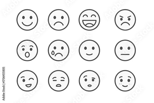 Emoticon Line Icons. Line style icons of emoticons: smiling face, sad face, laughing face, angry face; surprised face, crying face