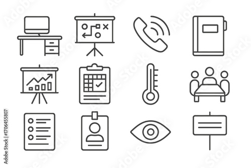 Nonprofit Line Icons. Line style icons of nonprofit operations: office desk, planning board, outreach call, program binder; impact