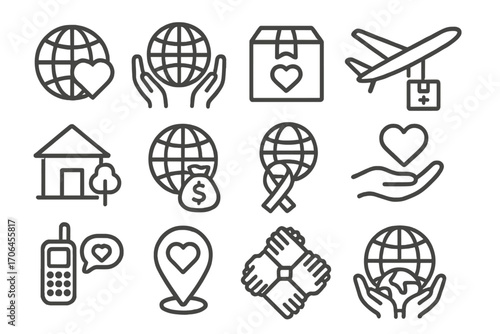 Global Charity Icons. Line style icons of global charity: globe with heart, world hands, international aid box, plane with