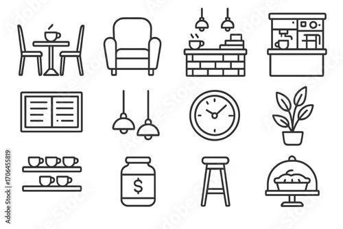 Coffee Shop Icons. Line style icons of coffee shop interiors: café table, comfy chair, counter area, coffee bar; menu board,