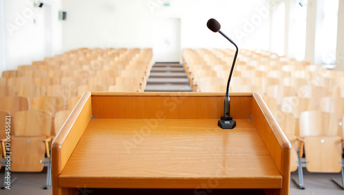 Empty lecture hall with rows of wooden chairs and a podium