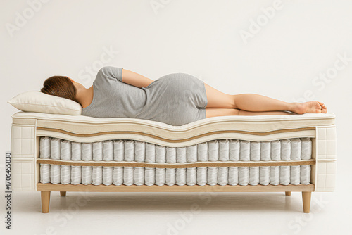 Woman sleeping on her side on a cutaway mattress with pocket springs and foam layers. Concept of ergonomic support, spinal health, and restful sleep.