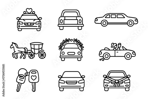 Wedding Transport Icons. Line style icons of wedding transport: decorated car, “just married” sign, vintage wedding car, limo icon