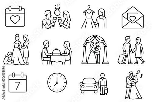 Wedding Timeline Icons. Line style icons of wedding timeline: save the date icon, engagement celebration, dress shopping,