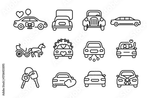 Wedding Transport Icons. Line style icons of wedding transport: decorated car, “just married” sign, vintage wedding car, limo icon