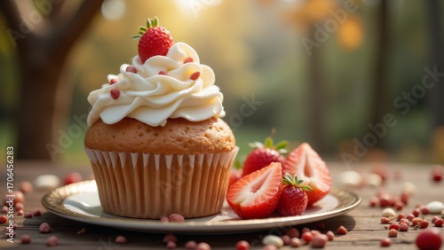 Delicious cupcake with strawberry topping on rustic wooden table outdoor