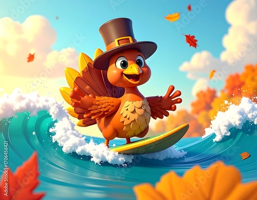 Cute turkey surfing a wave