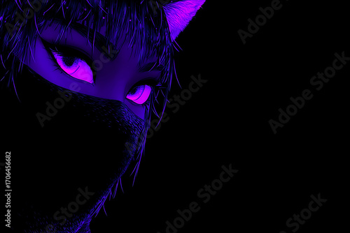 futuristic avatar, character wearing black cat mask with purple glow