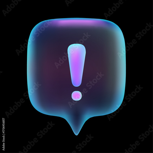 3D neon chat bubble with exclamation mark isolated on dark background for alert, emotion and social media communication