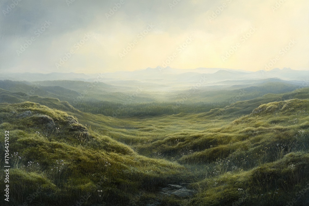 Naklejka premium Serene landscape of rolling green hills and distant mountains under a soft, hazy sky.