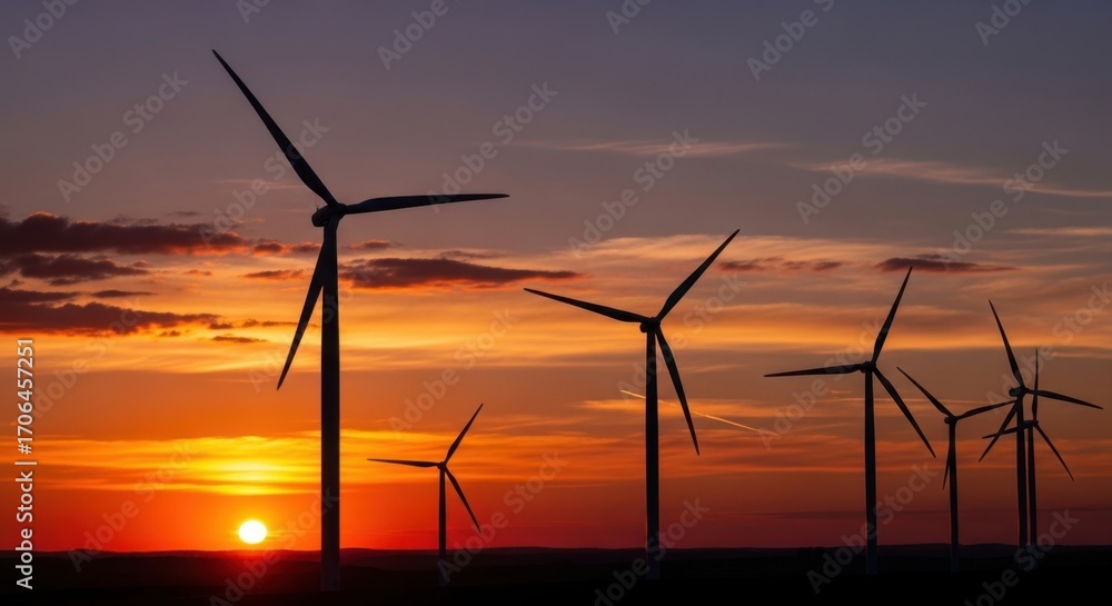 Obraz premium Majestic Wind Turbines Silhouetted Against a Dramatic Sunset Sky