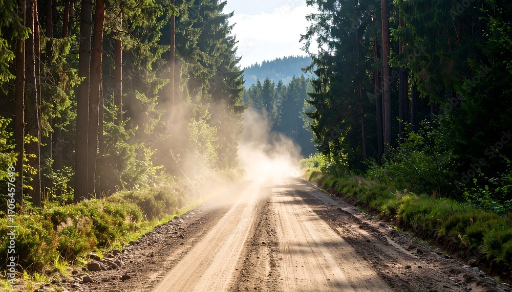 Obraz premium Dusty forest road, sunlight through trees