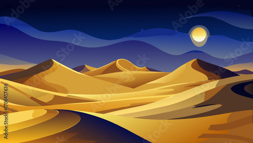 Golden desert dunes beneath a starry night sky, gentle curves illuminated by moonlight, radiating calm and infinite vastness.
