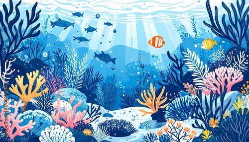 Vibrant underwater scene with coral reefs, fish, and sunlight