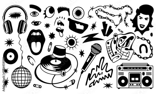 Retro Punk Hip-Hop Collage Illustration with Music and Grunge Elements