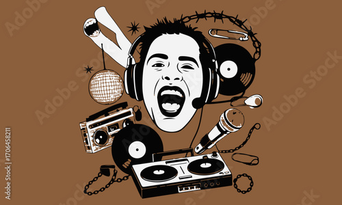 Retro Punk Hip-Hop Collage Illustration with Music and Grunge Elements