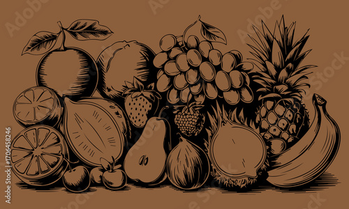Hand drawn sketch fruits and berries vector illustration. Natural tropical fruits. Dragon fruit, papaya, pineapple, watermelon, melon, coconut, citrus, grape, lemon, banana, pomegranate, fig, banana.