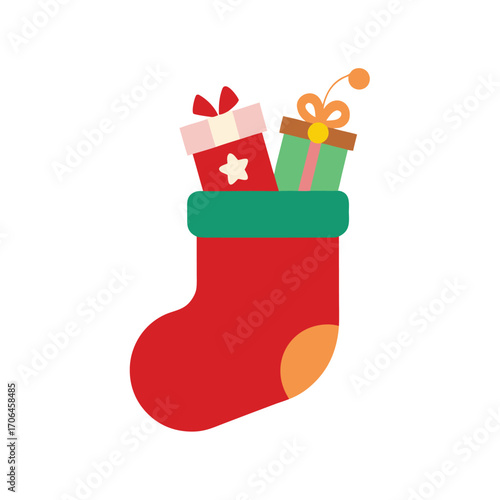 christmas stocking with toys on white background.