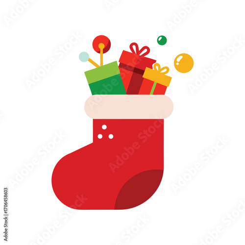 christmas stocking with toys on white background.