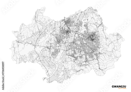 A minimalist black and white vector map of Gwangju’s highways and major road networks for clear design and navigation.

