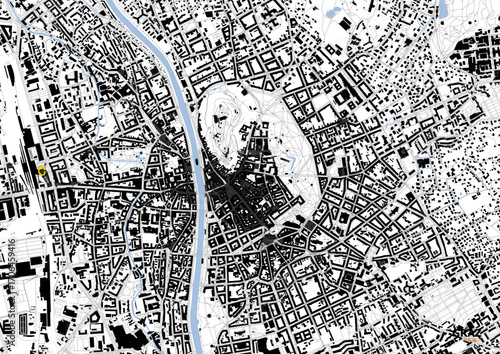 A detailed close-up vector map of Graz highlighting highways, buildings, and waterways in black and white outline style.