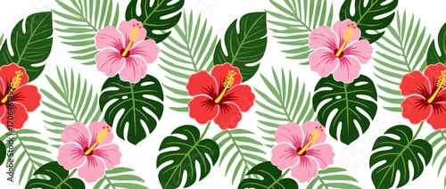 Tropical Hibiscus and Leaves Pattern