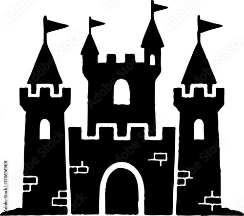 Silhouette of Medieval Castle with Towers and Flags