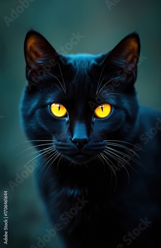 Close-up portrait of black cat with luminous yellow eyes. Feline whiskers prominent against dark fur. Set against mystical dark background, domestic cat conveys curiosity, mystery. Striking contrast