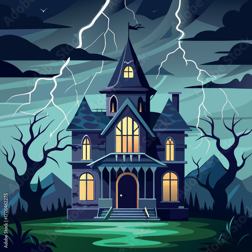Spooky haunted mansion halloween vector illustration scary night lightning storm