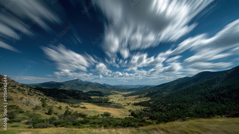 Fototapeta premium Dramatic Skies Over a Mountain Valley in a Stunning Time-Lapse Landscape View