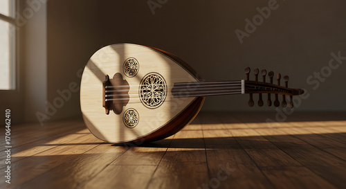Beautiful Oud Musical Instrument with Intricate Rosette and Multiple Strings
