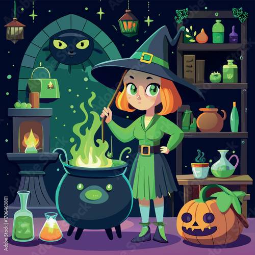 Whimsical witch brewing potion in cauldron with halloween decorations vector illustration