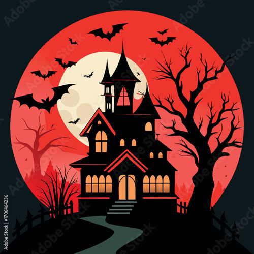 Haunted mansion vector illustration spooky halloween night with bats and full moon