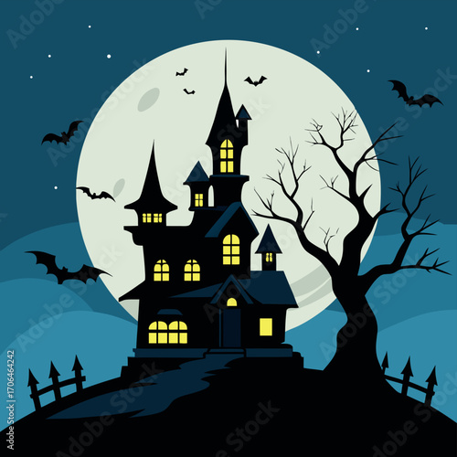 Spooky haunted mansion silhouette illustration with full moon bats and dead tree halloween vector