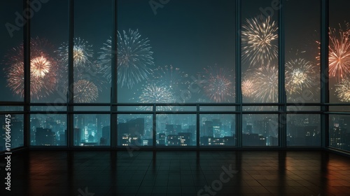 Fototapeta Naklejka Na Ścianę i Meble -  Spectacular cityscape view through large window with vibrant fireworks display on new years eve