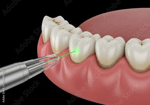 Targeted Dental Intervention: High-Resolution 3D Rendering of Diseased Teeth and Gums Treated with Precise Green Fiber Optic Technology on Stark Black Backdrop for Photorealistic Educational