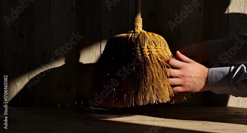 Hand gently touches broom in dramatic sunlight over wooden background