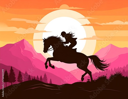 Silhouette of a horsewoman leaping over mountains at sunset