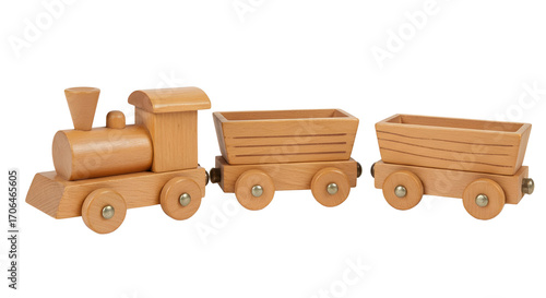 Wooden toy train with two carriages isolated PNG with Transparent Background