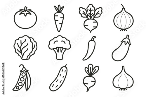 Line Style Garden Produce. Line style icons of garden produce: tomato, carrot, beetroot, onion; lettuce head, broccoli floret,