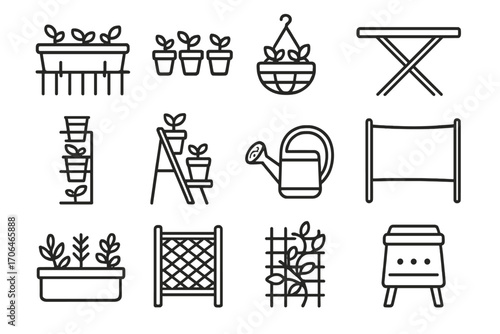 Balcony Gardening Icons. Line style icons of balcony gardening: railing planter, small pots, hanging basket, foldable table;