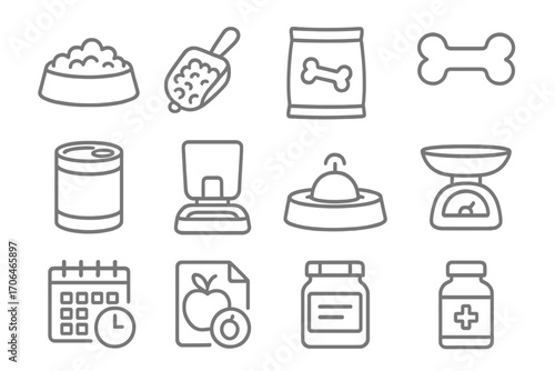 Pet Nutrition Icons. Line style icons of feeding and nutrition: pet bowl with food, food scoop, kibble bag, treat bone; canned