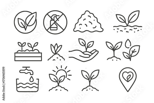Organic Gardening Icons. Line style icons of organic gardening: organic certification symbol, no pesticides icon, compost pile,